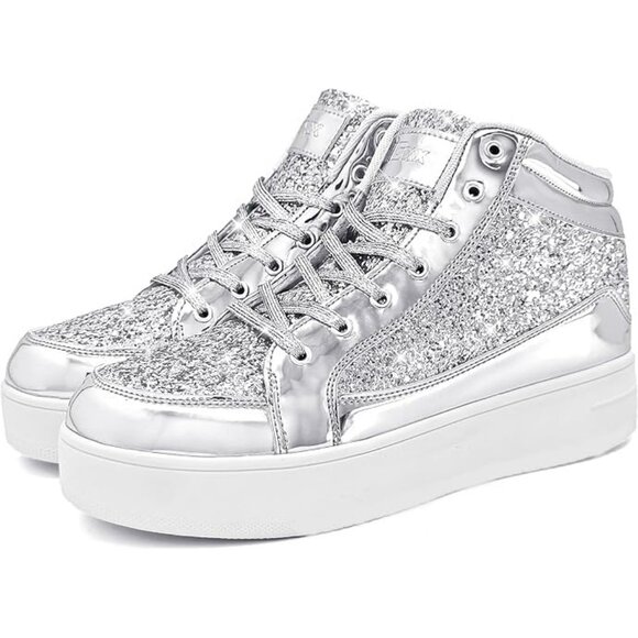 Women's Silver Shiny Glitter Sequin Shoes High Top Sneakers Fashion Bling - Picture 4 of 6